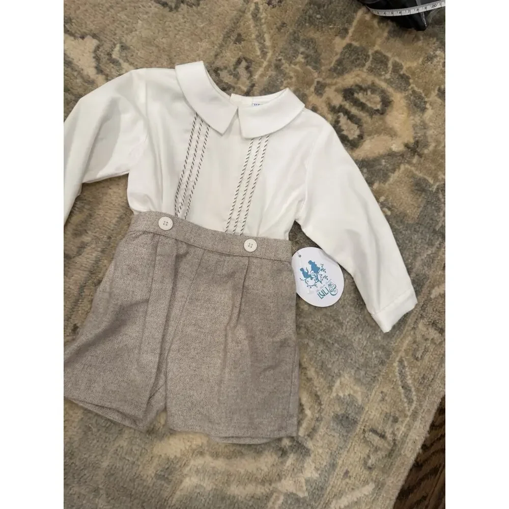 Luli & Me Long Sleeve Brown Tweed Button On Short Set Fall 6 Months NWT